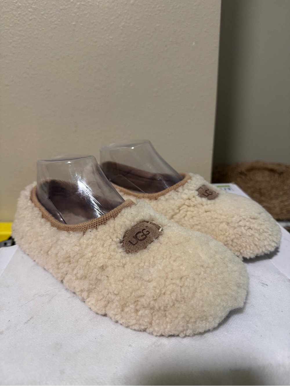 UGG Cream Sherpa Slip-Ons with Tan Trim